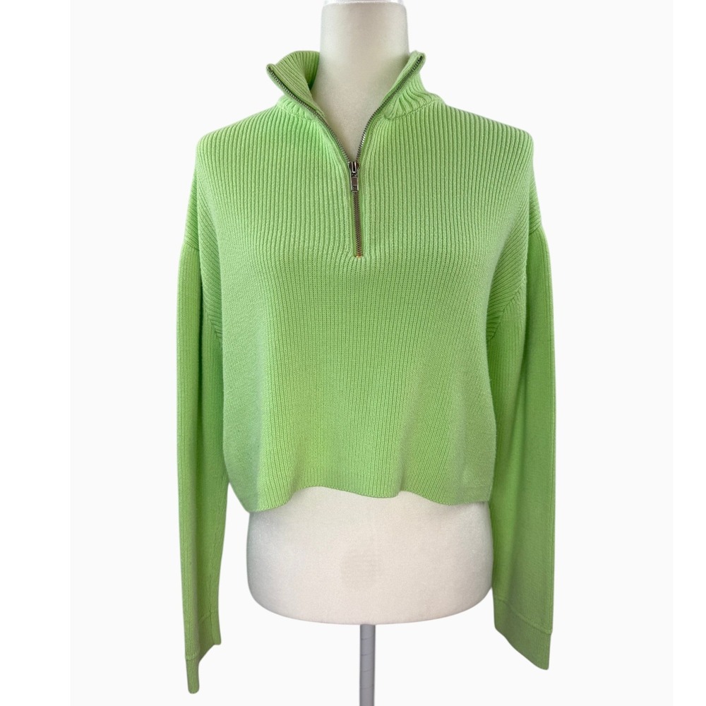Urban Outfitters Women L Lime Green Ribbed Half Zip Cropped Sweater Cotton Blend